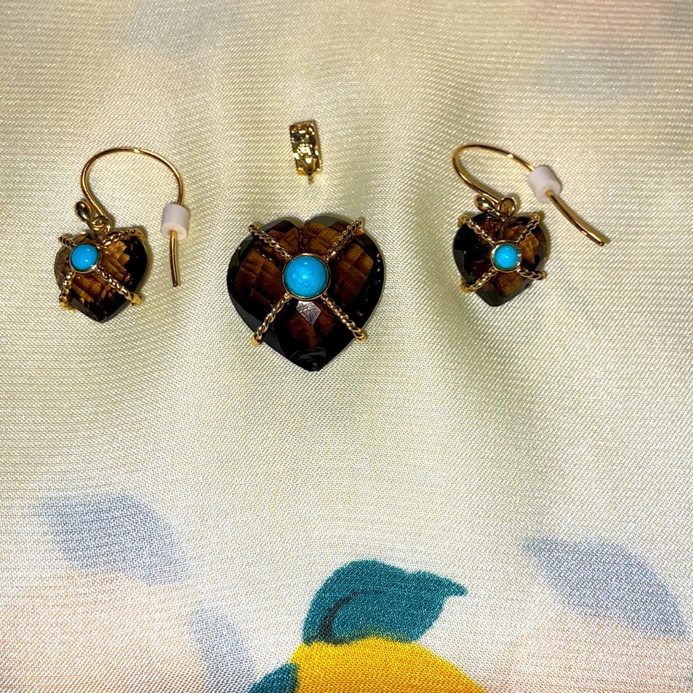 Smokey quartz heart-shaped, criss cut pendant & matching earrings